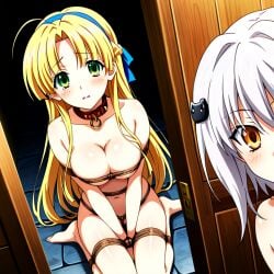 2girls ai_generated arms_between_legs asia_argento benmccannon_(artist) blonde_hair bondage bound collar green_eyes high_school_dxd inside koneko_toujou rope_bondage silver_hair yellow_eyes