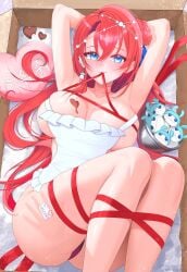 1girls absurdres apron armpits arms_behind_head ass big_breasts blue_eyes blue_ribbon blush box breasts candy chocolate chocolate_heart chocolate_on_body chocolate_on_breasts closed_mouth commentary commission deermiko earrings english_commentary eyelashes female food food_on_body hair_ribbon handprint heart heart-shaped_food heart-shaped_pillow heart-shaped_pupils highres in_box in_container jewelry long_hair mouth_hold naked_apron phase_connect pillow red_hair ribbon ribbon_in_mouth sinon_sinfonia symbol-shaped_pupils thighs virtual_youtuber vtuber white_apron