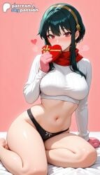 1girls 2026 ai_assisted ai_generated anime artist_name blush box breasts bust explicit gift gift_box hi_res high_quality high_resolution highres navel panties patreon patreon_username pink_background sitting skypassion solo spy_x_family stable_diffusion underwear valentine watermark yor_briar yor_forger