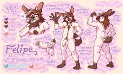 anthro ass balls blush body_hair chest_hair chest_tuft ear_piercing foreskin genitals hair happy_trail hi_res lagomorph leporid long_hair male mammal model_sheet naudiz_(artist) nipples penis piercing rabbit saggy_balls smile solo tail tuft vein veiny_penis whiskers