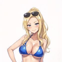 ai_generated anime big_breasts bikini blonde_hair blue_bikini blue_eyes blush busty censored cleavage curvy ecchi female female_only freckles huge_breasts lollololli long_hair oiled_skin oppai ponytail shiny_skin simple_background smile solo string_bikini sunglasses sunglasses_on_head swimwear voluptuous wavy_hair white_background