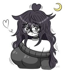 1girls big_breasts black_hair blush blush_lines breasts choker cute depressed eyebags eyelashes female female_only girlfriend glasses heart heart_eyes katy_(katymoonart) katymoonart lipstick long_hair messy_hair moon no_bra not_porn oc original original_character oversized_clothes shy simple_background smile smiling smiling_at_viewer solo solo_female sweater tired_eyes twitter_link twitter_user_oc twitter_username white_background white_body