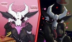 3_eyes anthro bodily_fluids bone bracelet clothing cum cum_in_vagina cum_inside dress dripping duo ear_piercing eyebrow_piercing facial_piercing female female_focus genital_fluids gift glowing glowing_eyes heart_eyes heart_symbol hearts_around_head hi_res hollow_table horn human inner_ear_fluff jewelry long_tongue male male/female mammal multi_eye nose_piercing piercing saliva saliva_drip saliva_on_tongue septum_piercing sharp_teeth skull skull_head speech_bubble spider_web spikes teeth text tongue tongue_out tuft underwear zhaura_(shallowe)