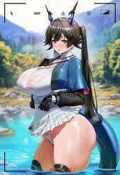 absurd_res absurd_resolution absurdres ai_generated arknights arknights:_endfield ass ass_focus breasts chen chen_(arknights) chen_qianyu_(arknights) clothed clothing covered_nipples dragon hi_res high_quality high_resolution highres huge_ass huge_breasts meiogun nipples puffy_nipples smile smiling smiling_at_viewer standing tail thick_thighs thighs water wet