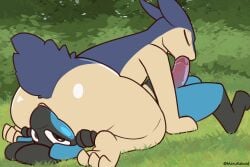 2026 69_position ambiguous_gender anal animated anus ass blue_body blue_fur canid canine closed_eyes erection fur generation_2_pokemon generation_4_pokemon genitals hi_res lucario male male/ambiguous mammal marux_the_kobold nintendo oral penis pokemon pokemon_(species) rimming sex tan_body tan_fur typhlosion