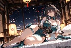 1girl ahoge ai_assisted ai_generated alternate_costume bangs bare_shoulders black_gloves black_hair blush breasts china_dress chinese_clothes cleavage curvaceous curvy curvy_female curvy_figure dress female gloves hair_between_eyes hair_ornament honkai:_star_rail jewelry lantern large_breasts long_hair looking_at_viewer lying miyuai night night_sky on_side paper_lantern pelvic_curtain pillow ruan_mei_(honkai:_star_rail) sidelocks sky smile solo thick thick_ass thick_butt thick_hips thick_legs thick_thighs thighs voluptuous voluptuous_female wide_hips wide_thighs