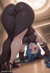 ai_generated alternate_version_at_source arcane arcane_jinx ass_up black_dress blue_hair braid dress female female_only hypet indoors league_of_legends long_braid makeup medium_breasts pink_eyes shiny_skin short slim_girl tagme tattoo tattoo_on_arm tattooed_arm tight_clothing tight_dress twin_braids wide_hips