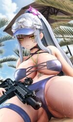 1girls assault_rifle atla_762 beach_umbrella big_breasts bikini bikini_bottom bikini_top breasts cameltoe covered_nipples emotionless expressionless feet_out_of_frame female female_only flower flower_in_hair girls'_frontline girls'_frontline_2:_exilium green_eyes grey_hair gun hk416_(girls'_frontline) holding_weapon klukai_(cerulean_breaker)_(girls'_frontline_2) klukai_(girls'_frontline_2) large_breasts long_hair looking_at_viewer navel nipples outdoors palm_tree partially_visible_vulva ponytail sitting swimsuit teardrop_facial_mark visor_cap weapon