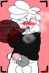 absurd_res anthro aroused_face black_clothing black_shirt black_topwear blush clothing covering covering_face dialogue disembodied_hand erection eyewear femboy fluffy fluffy_hair foggy_glasses genitals glasses hair handjob hi_res lagomorph leporid male mammal moan off_shoulder_shirt penile penis rabbit sex shirt shy_zangoose solo steamy_breath topwear