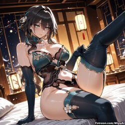 1girl ai_assisted ai_generated ass bangs bare_shoulders bed black_gloves black_hair black_legwear blush breasts cleavage curvaceous curvy curvy_female curvy_figure elbow_gloves female garter_straps gloves hair_between_eyes hair_ornament honkai:_star_rail indoors jewelry lantern large_breasts long_hair looking_at_viewer miyuai navel night on_bed panties pillow ruan_mei_(honkai:_star_rail) sitting sky smile solo thick thick_ass thick_butt thick_hips thick_legs thick_thighs thighhighs thighs underwear voluptuous voluptuous_female wide_hips wide_thighs