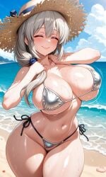 ai_generated beach big_breasts bikini hands_behind_head luscious_lips sitting smiling straw_hat sunny sweaty thick_thighs uzaki-chan_wa_asobitai! uzaki_tsuki wide_hips