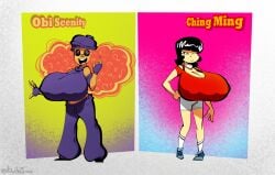 2girls asian asian_female big_breasts black_hair bootlegjones ching_ming clothing female female_only fully_clothed huge_breasts large_breasts obi_scenity orange_hair original small_ass top_heavy yellow-skinned_asian