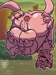 anthro anus ass balls big_butt blue_eyes bodily_fluids feet floating fluffy foot_focus forest forest_background gaping gaping_anus generation_1_pokemon genital_fluids genitals glistening glistening_balls glistening_butt glistening_genitalia grin grinning_at_viewer hi_res judasthesinner leaking leaking_precum legendary_pokemon male mew_(pokemon) nature nature_background nintendo plant pokemon pokemon_(species) precum presenting presenting_anus presenting_balls presenting_hindquarters shaking_legs smile smiling_at_viewer solo spread_anus spread_legs spreading spreading_self thick_thighs tree upside-down
