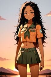 ai_generated arms_down brown_body brown_eyes brown_skin brown_skinned_female clouds cropped_shirt dark_hair dark_hair_female green_scarf green_skirt messy_hair mountain naja_wild red_pill_neo scarf scout scout_uniform shirt skirt sky standing sunrise sunset