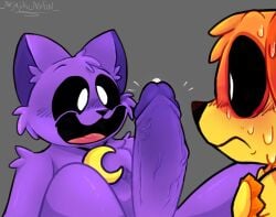 anthro bodily_fluids canid canine canis catnap_(poppy_playtime) cum digital_media_(artwork) dogday_(poppy_playtime) domestic_cat domestic_dog duo felid feline felis fur genital_fluids genitals hi_res humanoid_genitalia humanoid_penis male mammal mob_entertainment nejajiku_nsfw penis poppy_playtime smile smiling_critters vein veiny_penis