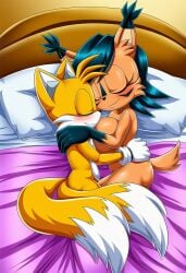 1boy 1girls 2_tails ai_generated big_ass big_breasts big_butt closed_eyes closed_mouth cuddle cuddling half-closed_eyes hug hugging in_bed miles_tails_prower nicole_the_lynx on_bed palcomix sega smile sonic_(series) sonic_the_hedgehog_(archie) sonic_the_hedgehog_(comics) sonic_the_hedgehog_(series) tails_the_fox thick_thighs wide_hips