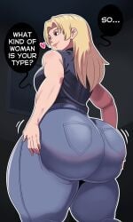 1girls ass ass_focus ass_shake blonde_hair brown_eyes denim english_text freshnsfw from_behind hands_on_ass heart huge_ass jujutsu_kaisen scene_reference sleeveless solo source_request tagme thick_thighs yuki_tsukumo