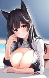 1girls animal_ears atago_(azur_lane) azur_lane bikini black_hair breasts cleavage female huge_breasts leaning_forward long_hair mole navel outdoors re0n shirt shirt_lift smile solo yellow_eyes