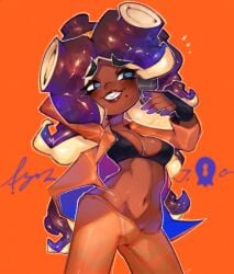 1girls 2025 black_bra blue_eyes blush bra breasts brown_body brown_lips brown_lipstick brown_skin cleavage dark-skinned_female female female_only fingerless_gloves heart-shaped_pupils jacket jacket_open marina_(splatoon) mole mole_under_mouth nintendo onimiere orange_background orange_pants orange_theme purple_hair splatoon squid squid_girl tentacle_hair