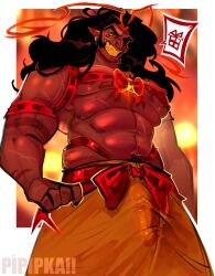 bara bulge bulge_down_leg bulge_through_clothing bulge_under_clothes burning_spice_cookie cookie_run cookie_run_kingdom crk gay gem gem_on_chest male_only muscles muscular muscular_male pipipka skirt solo solo_male yaoi yellow_skirt