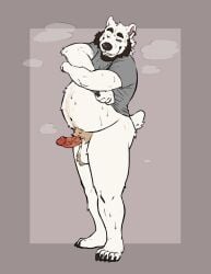 2023 anthro ball_tuft balls bear beard belly blonde_hair bottomless bottomless_anthro bottomless_male brown_hair clothed clothing clothing_lift ear_piercing ear_ring facial_hair fur genitals hair hi_res labradorszn looking_at_viewer male male_anthro mammal one_eye_closed orange_eyes overweight overweight_anthro overweight_male penis piercing pink_penis polar_bear pubes ring_piercing shirt shirt_lift simple_background smile solo standing tail teeth topwear tuft ursine vein veiny_penis white_body white_fur