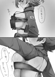 1girls 2koma back bathilde_(girls'_frontline_2) big_breasts blush breast_press breastplate breasts close-up female female_only girls'_frontline girls'_frontline_2:_exilium greyscale japanese_text large_breasts mole mole_under_eye monochrome nago_purin no_bra short_hair shrug_(clothing) side_view sideboob speech_bubble steam steaming_body sweat sweating text