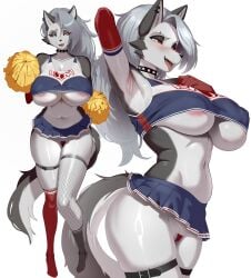 2026 absurd_res anthro big_breasts biped blush breasts camel_toe canid canid_demon canine cheerleader_outfit clothed clothing demon female hellaverse hellhound helluva_boss hi_res looking_at_viewer loona_(helluva_boss) mammal mythological_canine mythological_creature mythology navel navel_piercing open_mouth piercing solo tongue tongue_out uisuki45