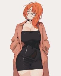 1girls alternate_costume big_breasts black_choker black_dress breasts brown_coat choker cleavage coat commission covered_navel dress english_commentary female hag hair_over_shoulder hands_in_pockets highres impossible_clothes impossible_dress indie_virtual_youtuber large_breasts long_hair looking_at_viewer mako_fukasame mature mature_female mole mole_under_eye office_lady older_female orange_eyes orange_hair pomuya ponytail red_eyes red_hair red_streaks second-party_source semi-rimless_eyewear shark_girl thighs tight_dress vershion virtual_youtuber vtuber