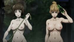 2girls ai_edit ai_generated blonde_hair bob_cut breasts brown_hair bun curvy edited_screencap full gyaru highres holding_phone holding_rope jujutsu_kaisen large_breasts mimiko_hasaba nanako_hasaba nipples nude nude_edit realistic screencap shiny_skin short_hair string: tag twins