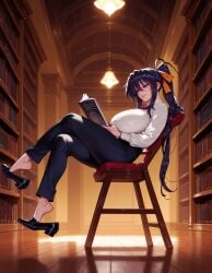 1girls ai_generated akeno_himejima balecxi black_footwear black_hair black_pants book bookshelf breasts ceiling_light chair clothing collared_shirt crossed_legs curvaceous curvaceous_female curvaceous_figure curvy curvy_figure desk feet female female_focus from_side full_body hair_between_eyes hair_ornament hair_ribbon high_ponytail high_school_dxd himejima_akeno holding holding_book huge_breasts indoors large_breasts legs library long_hair long_sleeves looking_at_viewer open_book orange_ribbon pants parted_lips ponytail purple_eyes reading reflective_floor ribbon shirt shirt_tucked_in shoe_dangle sidelocks sitting smile solo thighs very_long_hair voluptuous voluptuous_female white_shirt wooden_floor
