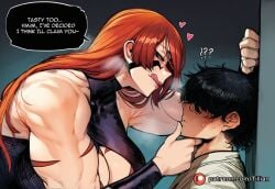 1boy ? ai_generated assertive_female bare_shoulders biceps black_hair blush breasts cleavage cleavage_cutout clothing_cutout english_text eyepatch facial_tattoo female fuma_kotaro_(tenkaichi) grabbing_another's_chin hand_on_another's_chin heart kabedon large_breasts leotard licking_lips long_hair looking_at_another muscular muscular_female muscular_male orange_hair red_eyes red_hair speech_bubble straight sweat tattoo tenkaichi_nihon_saikyou_bugeisha_ketteisen tillian tongue tongue_out