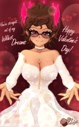 1girls athletic_female brown_hair cleavage crystals dress floating_crystals heart hourglass_figure large_breasts moon_symbol muffinknight patreon patreon_username reaching_out reaching_towards_viewer red_eyes scar scar_on_breast scar_on_face shiny_dress short_hair shoulderless_dress smiling smiling_at_viewer star_(muffinknight) symbols_on_clothing symbols_on_dress text valentine's_day valentine's_day_card wedding_dress white_dress wide_hips writing