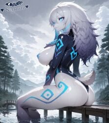 absurd_res absurdres ai_generated ass blue_eyes breasts breasts_out clouds cloudy_sky female_furry fur furry furry_female glowing_eyes kindred kindred_(league_of_legends) kindred_(lol) league_of_legends makeup mountainous_horizon nipples niraniri rain raining river snout tail tatoos thick_thighs trees water wet wetsuit white_fur white_pupils