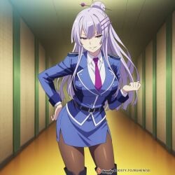ai_generated boots breast_pockets breasts clothing female female_focus formal frolaytia_capistrano hair_pin heavy_object high_heels high_heels_boots huge_breasts long_hair military military_uniform necktie pantyhose purple_eyes seductive seductive_look seductive_pose smile suit thighs uniform