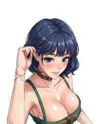 1female 1girl 1girls ai_generated appron big_breasts blue_eyes blue_hair blush bracelet breasts censored cleavage eyebrows eyelashes eyes female female_focus female_only garden kitchen_apron lollololli sexy_body sexy_female sexy_pose simple_background tagme white_background