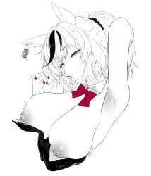 absurdres alternate_breast_size_(larger) animal_ears arm_up armpits bow bowtie breasts breasts_out brown_eyes commentary detached_collar ear_tag english_commentary fellatio_gesture female fingernails greyscale hair_ornament hair_scrunchie heart heart-shaped_pupils highres horse_ears horse_girl large_breasts leotard limited_palette looking_at_viewer monochrome multicolored_hair nail_polish naughty_face neko4xmata_(mao_zhuo) nice_nature_(umamusume) nipples nontraditional_playboy_bunny open_mouth ponytail red_bow red_bowtie red_nails scrunchie smile solo strapless strapless_leotard streaked_hair symbol-shaped_pupils tongue tongue_out umamusume undersized_breast_cup