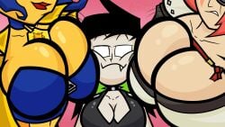 3girls anthro baiken big_breasts blue_hair breasts cacklingpumpkins carmelita_fox cop eyepatch furry guilty_gear guilty_gear_strive head_between_breasts huge_breasts jugs large_breasts lipstick orange_fur pink_background pink_hair samurai sly_cooper_(series) thumbnail yellow_fur