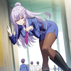 ai_generated boots breast_pockets breasts clothing female female_focus formal frolaytia_capistrano hair_pin heavy_object high_heels high_heels_boots huge_breasts long_hair military military_uniform necktie pantyhose purple_eyes seductive seductive_look seductive_pose smile suit thighs uniform