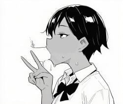 artist_request black_hair commentary_request dark-skinned_female dark_skin drooling emotionless_sex erection expressionless female looking_at_another oral original penis saliva saliva_on_penis school_uniform short_hair simple_background solo solo_focus sweat sweatdrop tomboy v