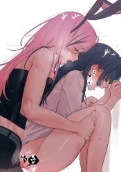 2girls absurdres against_wall animal_ears belt black_shorts black_tube_top blue_hair blush closed_eyes clothed_sex commentary elisbian futa_with_female futanari half-closed_eyes heart heavy_breathing highres hololive hololive_english lifting_person long_hair mori_calliope multicolored_hair multiple_girls muscular muscular_female open_belt ouro_kronii pantyhose pink_hair rabbit_ears sex sex_from_behind shirt shorts spoken_heart strapless sweat tube_top two-tone_hair untranslatable_commentary white_background white_shirt