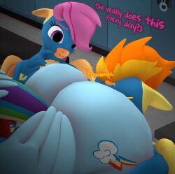 3d_(artwork) animal_ears anthro anthrofied ass bent_over big_butt blue_body blue_clothing clothed clothing cutie_mark detailed_background dialogue digital_media_(artwork) equid equine faceless_character feathered_wings feathers female friendship_is_magic group hasbro hi_res huge_butt inside locker_room mammal my_little_pony mythological_creature mythological_equine mythology nude oral orange_body pegasus purplefondue rainbow_dash_(mlp) scootaloo_(mlp) spitfire_(mlp) stinkface tail text trio wings wonderbolts_(mlp) yellow_body