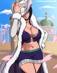 1girls alternate_version_available arabasta_saga black_hair blue_eyes cherry_blossoms cowboy_hat female female_focus female_only full_lips human human_female jacket large_breasts light-skinned_female lordguyis mature_female miss_all_sunday navel nico_robin one_piece patreon patreon_url short_skirt skirt slim_waist solo solo_female thick_thighs wide_hips