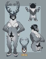 2023 anthro antlers ball_tuft balls beard black_body black_fur black_hair cloven_hooves crossed_arms deer erection facial_hair facial_scar flaccid fur genitals grey_body grey_fur grey_penis hair hands_on_hips hi_res hooves horn humanoid_genitalia humanoid_penis labradorszn male male_anthro mammal model_sheet musclegut muscular muscular_anthro muscular_male neck_tuft new_world_deer nipples nude nude_anthro nude_male orange_eyes pecs penis pubes rear_view reindeer scar simple_background slightly_chubby slightly_chubby_anthro slightly_chubby_male solo standing tuft white_body white_fur