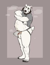 2023 anthro ball_tuft balls bear beard belly blonde_hair bodily_fluids brown_hair clothed clothing clothing_lift ear_piercing ear_ring erection facial_hair fur genital_fluids genitals hair hi_res jockstrap labradorszn looking_at_viewer male male_anthro mammal one_eye_closed orange_eyes overweight overweight_anthro overweight_male penis piercing pink_penis polar_bear precum precum_through_clothing precum_through_jockstrap precum_through_underwear pubes ring_piercing shirt shirt_lift simple_background smile solo standing tail teeth topwear tuft underwear ursine wet wet_clothing white_body white_fur