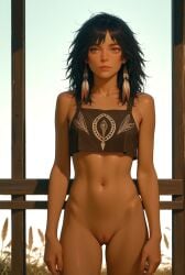 ai_generated almost_naked almost_naked_female artist_red_pill_neo belly belly_button brown_body brown_crop_top brown_eyes brown_skin character_naja_wild dark_hair feather_earrings feathers female female_only girl hips pussy pussy_lips railing shoulders sky standing stomach weed