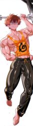 1boy ai_generated bara barbells bare_pectorals barefoot black_pants bulge erection erection_under_clothes full_body huge_bulge kanojo_okarishimasu kinoshita_kazuya large_penis male_focus muscular muscular_male nervous_smile nipple_slip nipples orange_hair pants pectorals pixai simple_background smile solo tank_top thick_thighs thighs tight_clothes tight_pants white_background