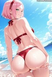 ai ai_art ai_generated artist_name ass back_view beach beach_background big_ass bikini boruto:_naruto_next_generations curvy curvy_body curvy_female curvy_figure female female_only grabbing grabbing_ass grabbing_own_ass green_eyes medium_breasts naruto naruto_(series) perfect_ass perfect_body perfect_boobs pink_hair red_bikini rexmagi round_ass sakura_haruno short_hair smile smile_at_viewer standing watermark