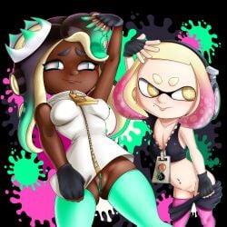 1:1 animal_humanoid aquatic black_background black_bottomwear black_clothing black_gloves black_hair black_handwear black_shorts black_topwear blonde_hair bottomwear bottomwear_down breasts cephalopod cephalopod_humanoid clothed clothing cosplay cross_pupils crown dark_body dark_skin duo electronics eyelashes female fingerless_gloves front_view genitals gloves green_clothing green_eyes green_hair green_legwear green_thigh_highs hair handwear headgear headphones hi_res horizontal_pupils humanoid inkling legwear long_hair marina_(splatoon) marina_(splatoon)_(cosplay) marine_humanoid mole_under_mouth mollusk mollusk_humanoid multicolored_hair navel navel_piercing nintendo no_underwear octarian octoling octopus_humanoid partially_clothed pearl_(splatoon) pearl_(splatoon)_(cosplay) piercing pink_clothing pink_hair pink_legwear pink_thigh_highs pseudo_hair pupils rasenxoru shorts shorts_down simple_background splatoon squid_humanoid tan_body tan_skin tentacle tentacle_hair thick_thighs thigh_highs topwear two_tone_hair upskirt vulva white_clothing wide_hips yellow_eyes zipper