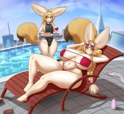 1boy 1female 1femboy 1girls big_ass big_breasts big_butt big_thighs bigger_female bikini bikini_bottom bikini_top female femboy fox_ears fox_tail hi_res high_resolution highres huge_ass huge_breasts huge_butt kalmoire nervous oc pool smaller_male thick_thighs thighs voluptuous voluptuous_body voluptuous_female voluptuous_femboy voluptuous_male