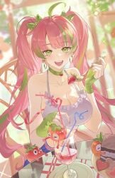 1girls absurdres ahoge big_breasts breasts cake choker cleavage drinking_straw earrings facial_mark female fingerless_gloves food fork fruit gloves green_choker green_eyes green_gloves green_hair heart heart_facial_mark highres hoop_earrings indie_virtual_youtuber jewelry large_breasts looking_at_viewer meowcy multicolored_hair open_mouth pink_hair smile strawberry toma_(vtuber) twintails virtual_youtuber vtuber
